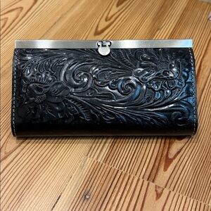 Patricia Nash Tooled Black Leather Floral Wallet/Clutch with Silver Trim